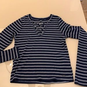 black & white striped shirt with criss cross neck